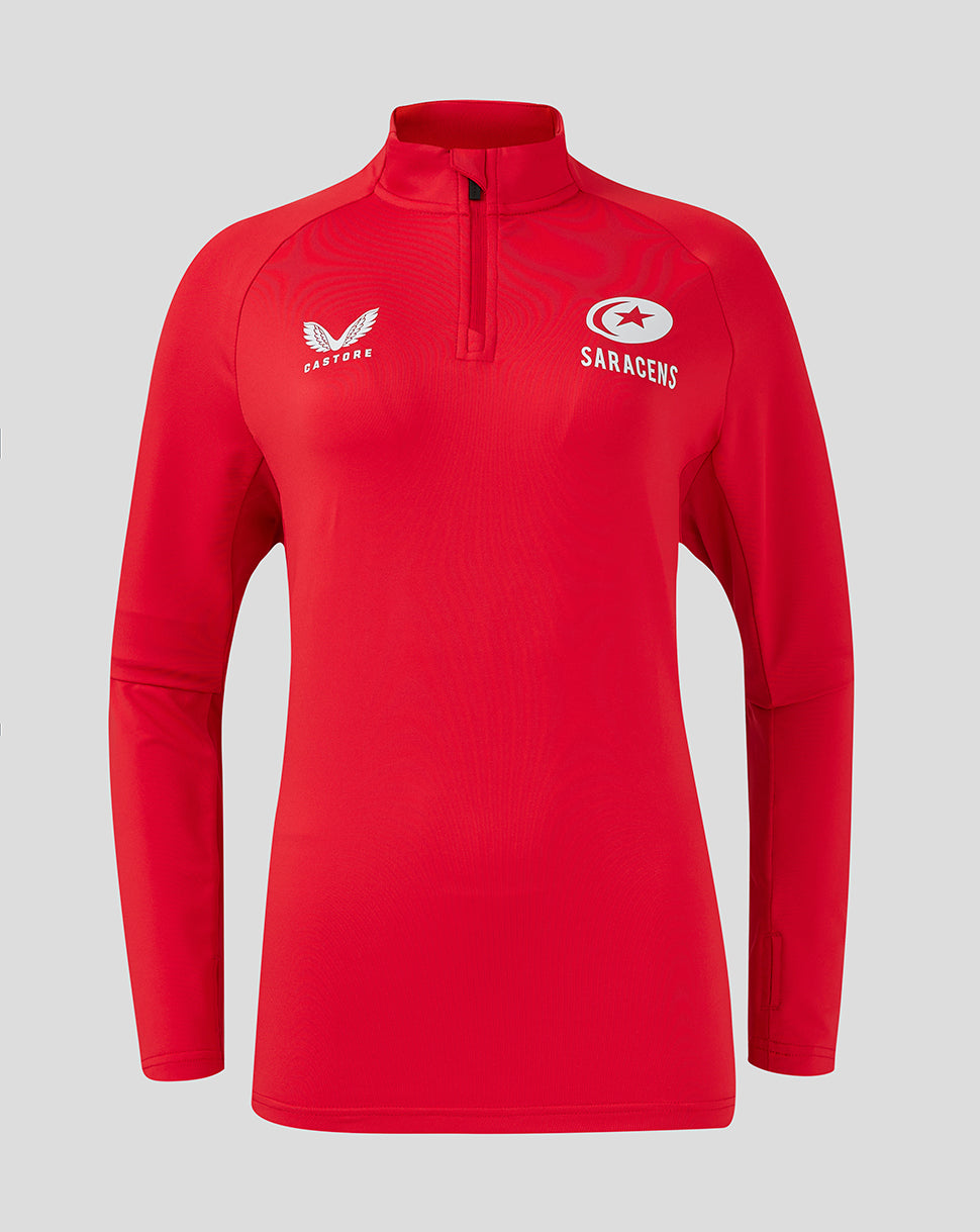 Front view of red Saracens training top with a quarter-zip and white chest logos