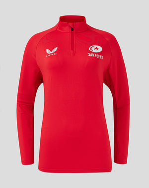 Front view of red Saracens training top with a quarter-zip and white chest logos