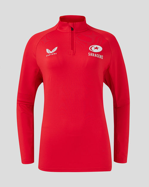 Front view of red Saracens training top with a quarter-zip and white chest logos