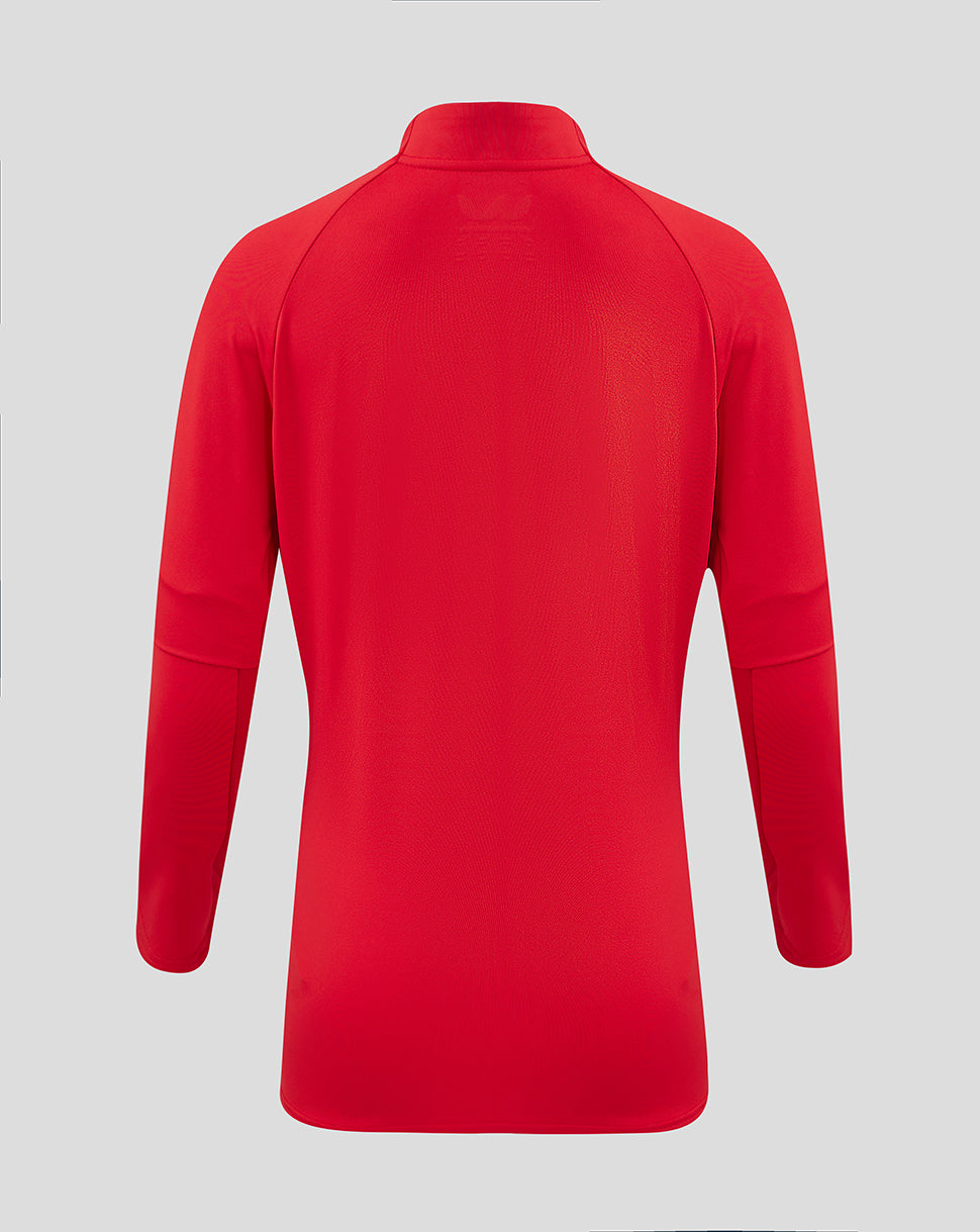 Back view of red Saracens training top with long sleeves and stand collar