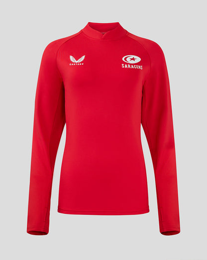 Red women's training top with Saracens crest and Castore logo on chest