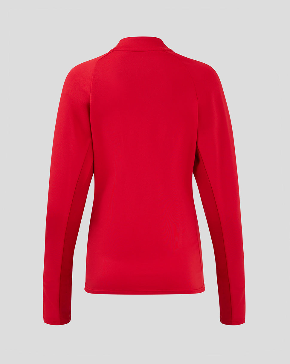 Back view of red Saracens training mid layer top showing smooth silhouette
