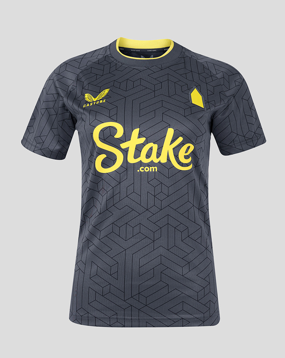 Everton Women's 24/25 Away Shirt in dark grey with geometric pattern and bright yellow Stake sponsorship across the chest