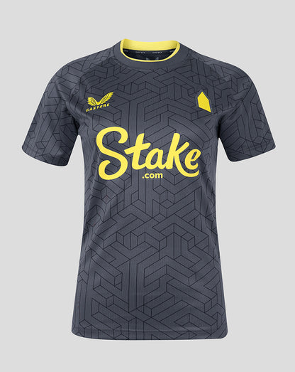 Everton Women's 24/25 Away Shirt in dark grey with geometric pattern and bright yellow Stake sponsorship across the chest
