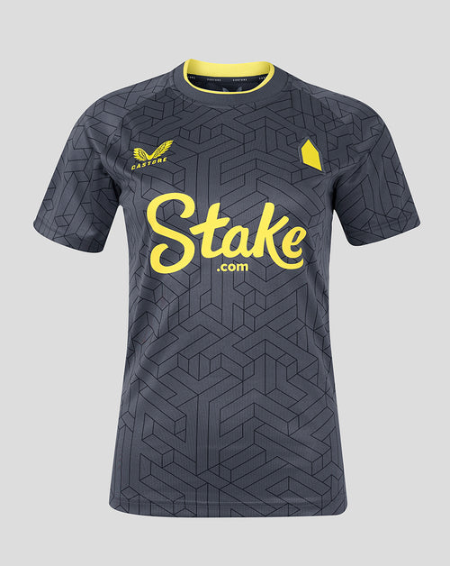 Everton Women's 24/25 Away Shirt in dark grey with geometric pattern and bright yellow Stake sponsorship across the chest