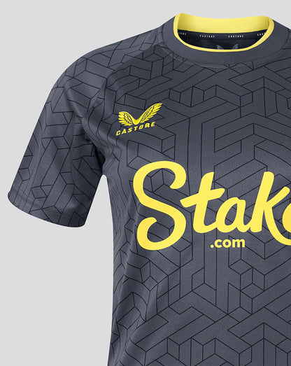 Close up of neck and chest area of Everton away shirt showing yellow collar trim and geometric pattern