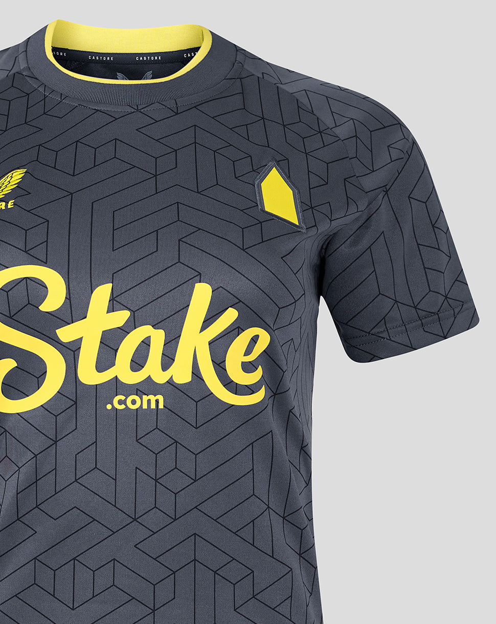 Front view of Everton away shirt with geometric jacquard pattern, left chest Everton crest and Stake.com sponsor across the chest