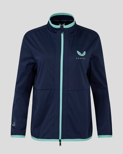 Front view of navy Everton 24/25 women's travel jacket with mint zipper and collar trim and crest logo