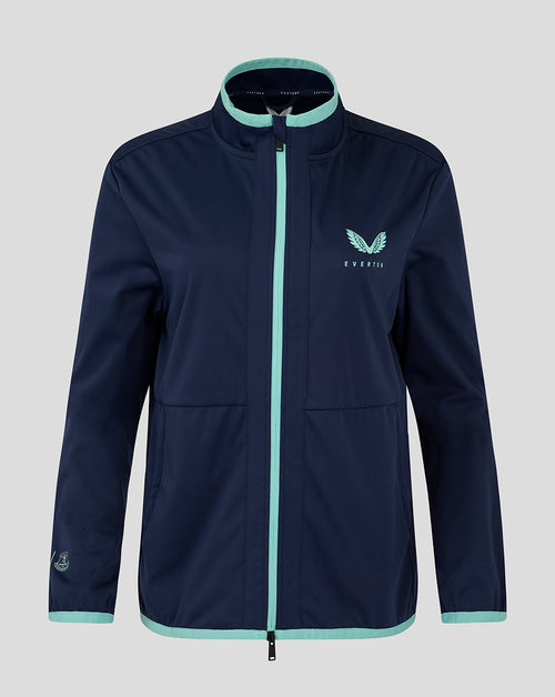 Front view of navy Everton 24/25 women's travel jacket with mint zipper and collar trim and crest logo