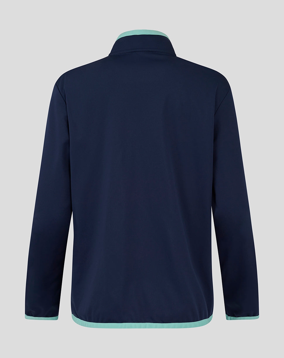 Back view of Everton 24/25 men's travel jacket in navy with mint green trim at collar and hem