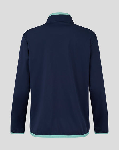 Back view of Everton 24/25 men's travel jacket in navy with mint green trim at collar and hem