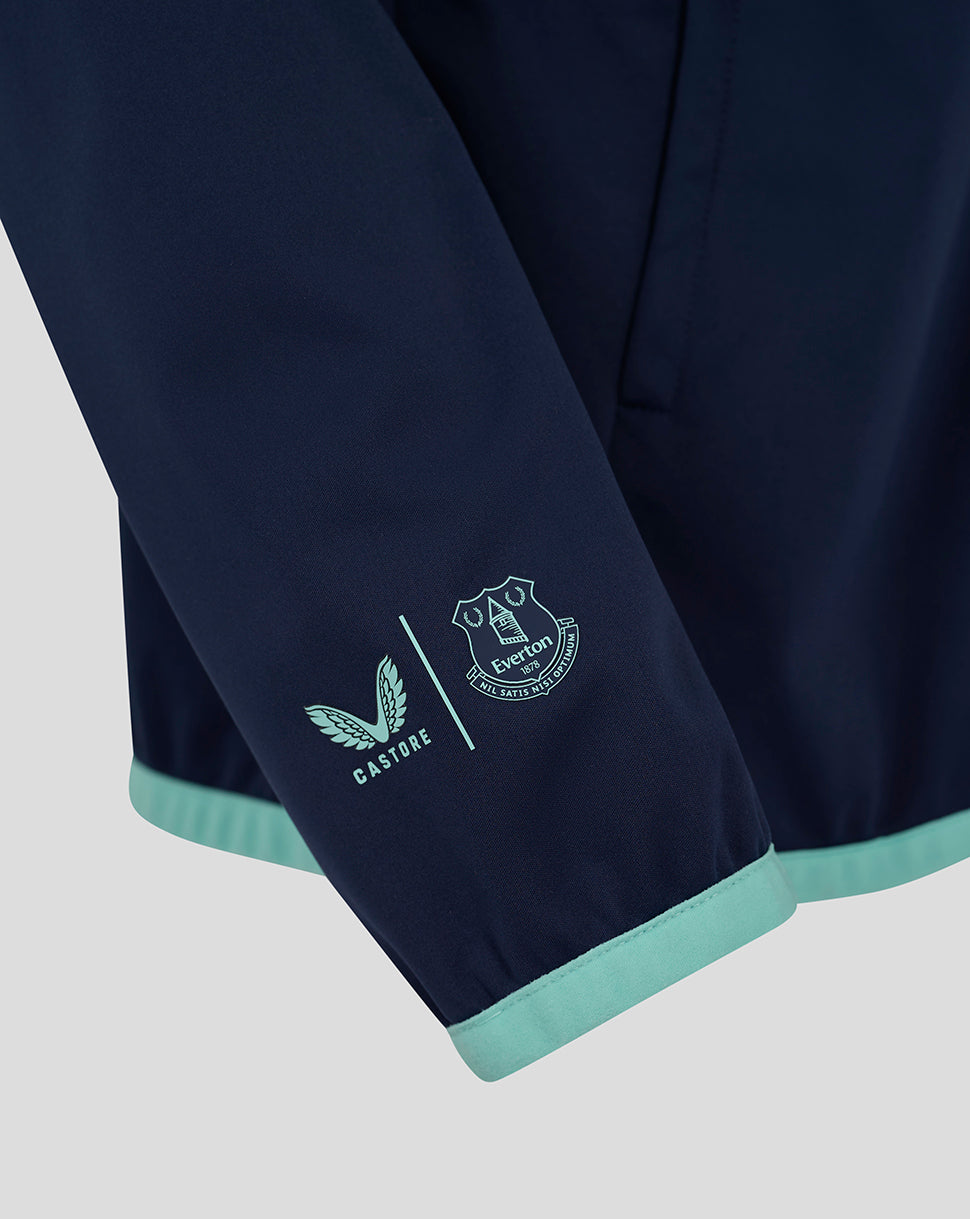Navy sleeve shows Castore and Everton logos with mint cuff trim