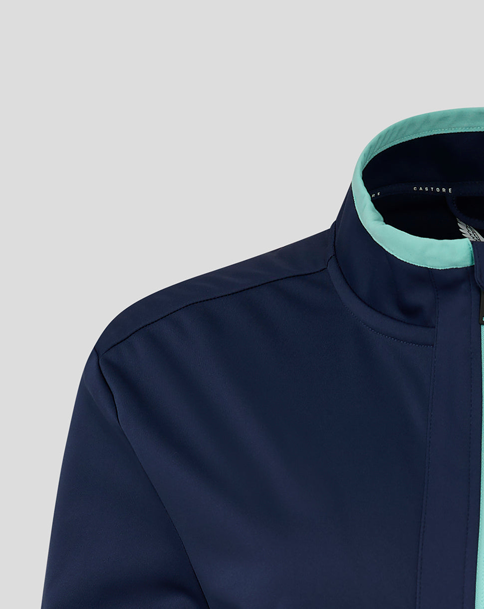 Close up of navy jacket collar with mint green interior trim