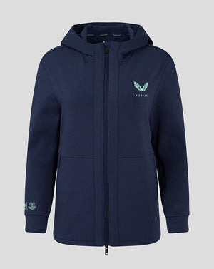 Navy women's hooded travel jacket with full front zipper and Everton crest on the chest.