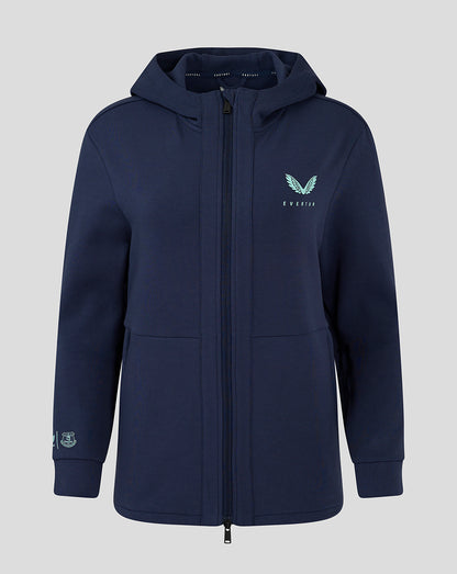Navy women's hooded travel jacket with full front zipper and Everton crest on the chest.