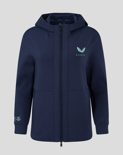 Navy women's hooded travel jacket with full front zipper and Everton crest on the chest.