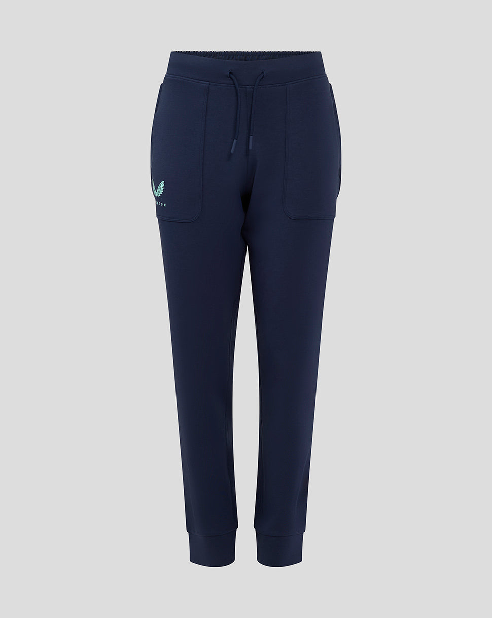 Front view of navy Everton 24/25 men's travel pants with a drawstring waist and side pockets