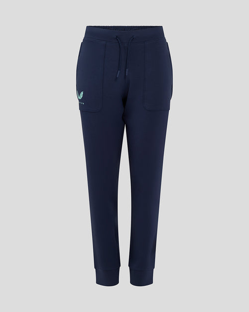 Front view of navy Everton 24/25 men's travel pants with a drawstring waist and side pockets