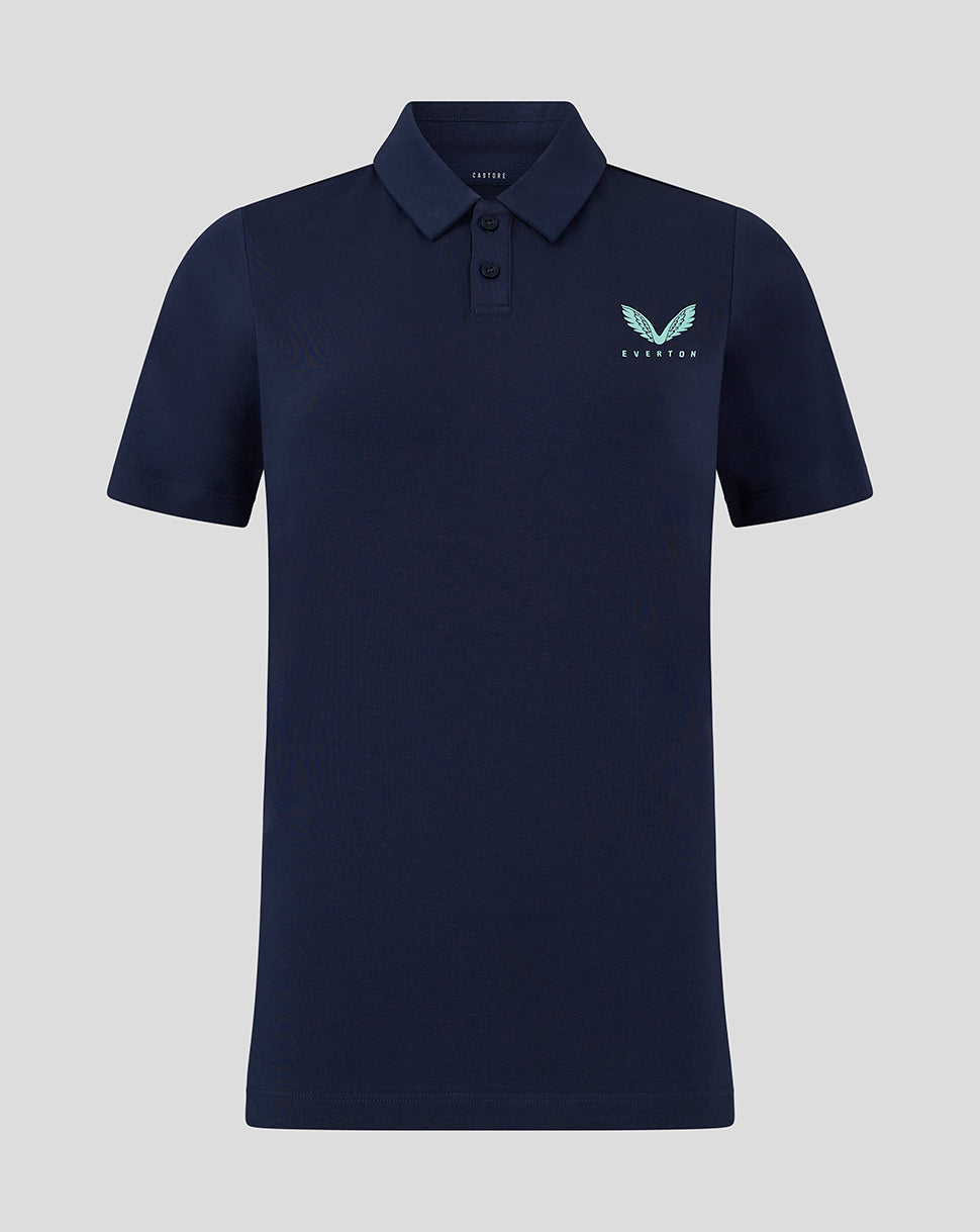 Navy Everton travel polo with teal crest on left chest and a two button placket.