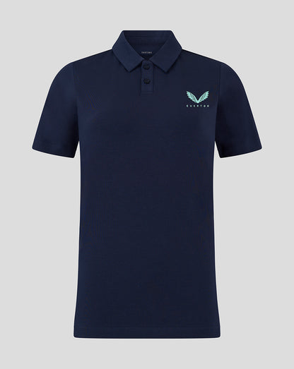 Navy Everton travel polo with teal crest on left chest and a two button placket.