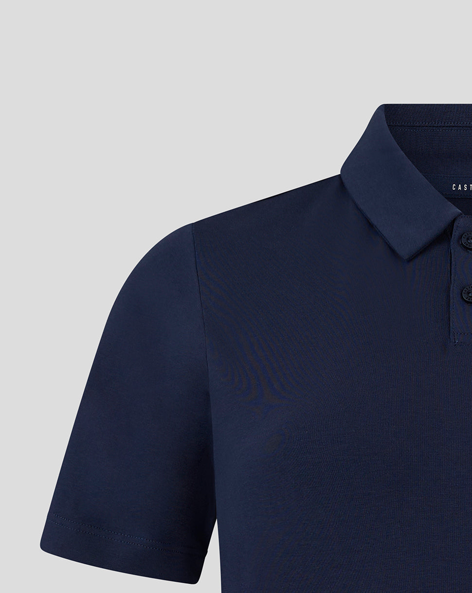 Close-up of navy Everton 24/25 women's travel polo showing shoulder seam and collar.