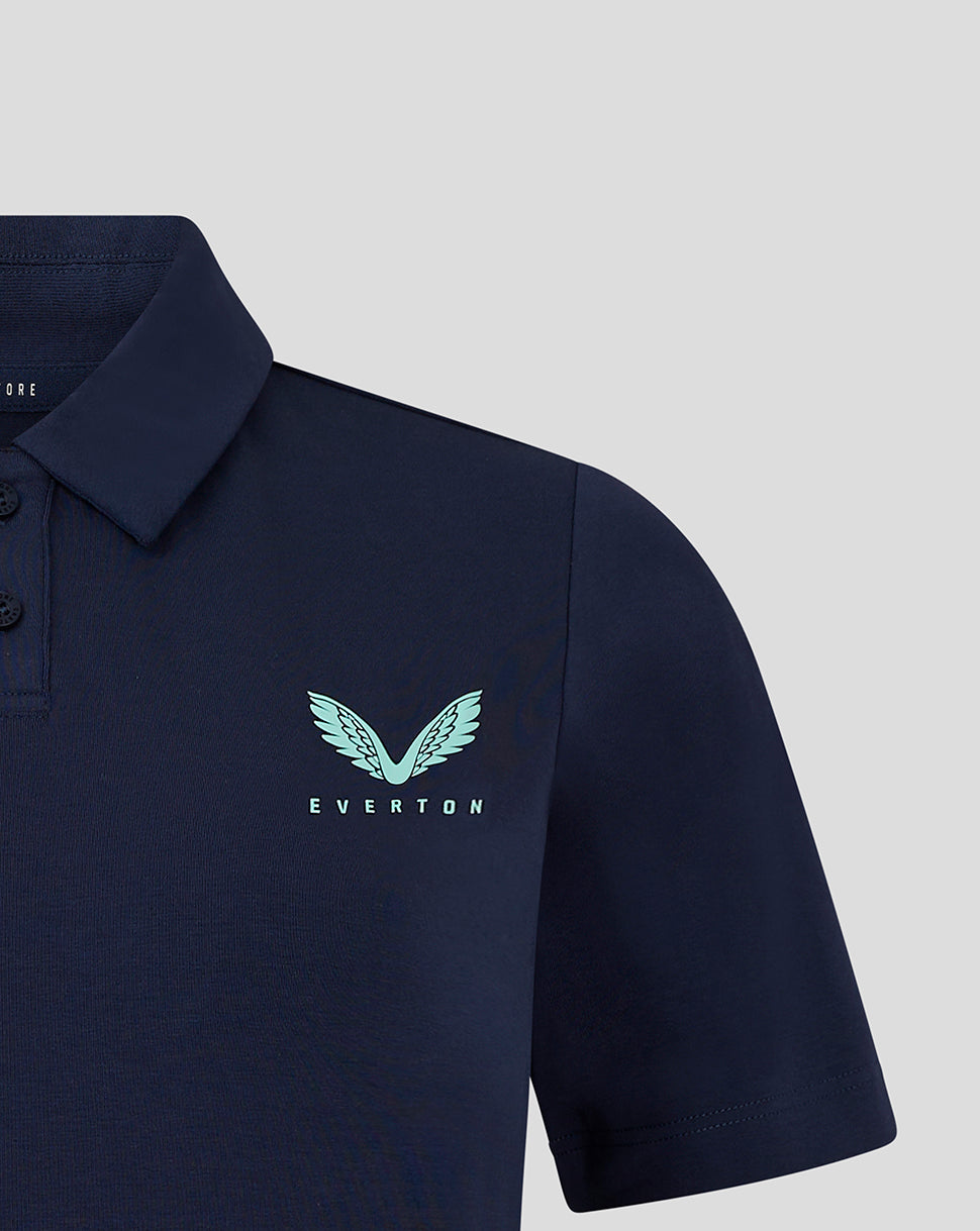 Navy Everton 24/25 women's travel polo with turquoise wing logo on the chest.