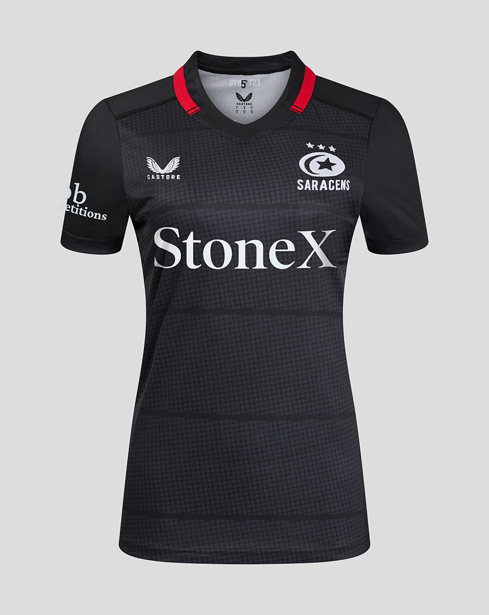 Front view of Saracens Women 24/25 Home Shirt with StoneX sponsor and crest on the chest