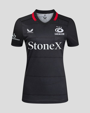 Front view of Saracens Women 24/25 Home Shirt with StoneX sponsor and crest on the chest