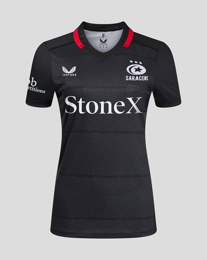 Front view of Saracens Women 24/25 Home Shirt with StoneX sponsor and crest on the chest