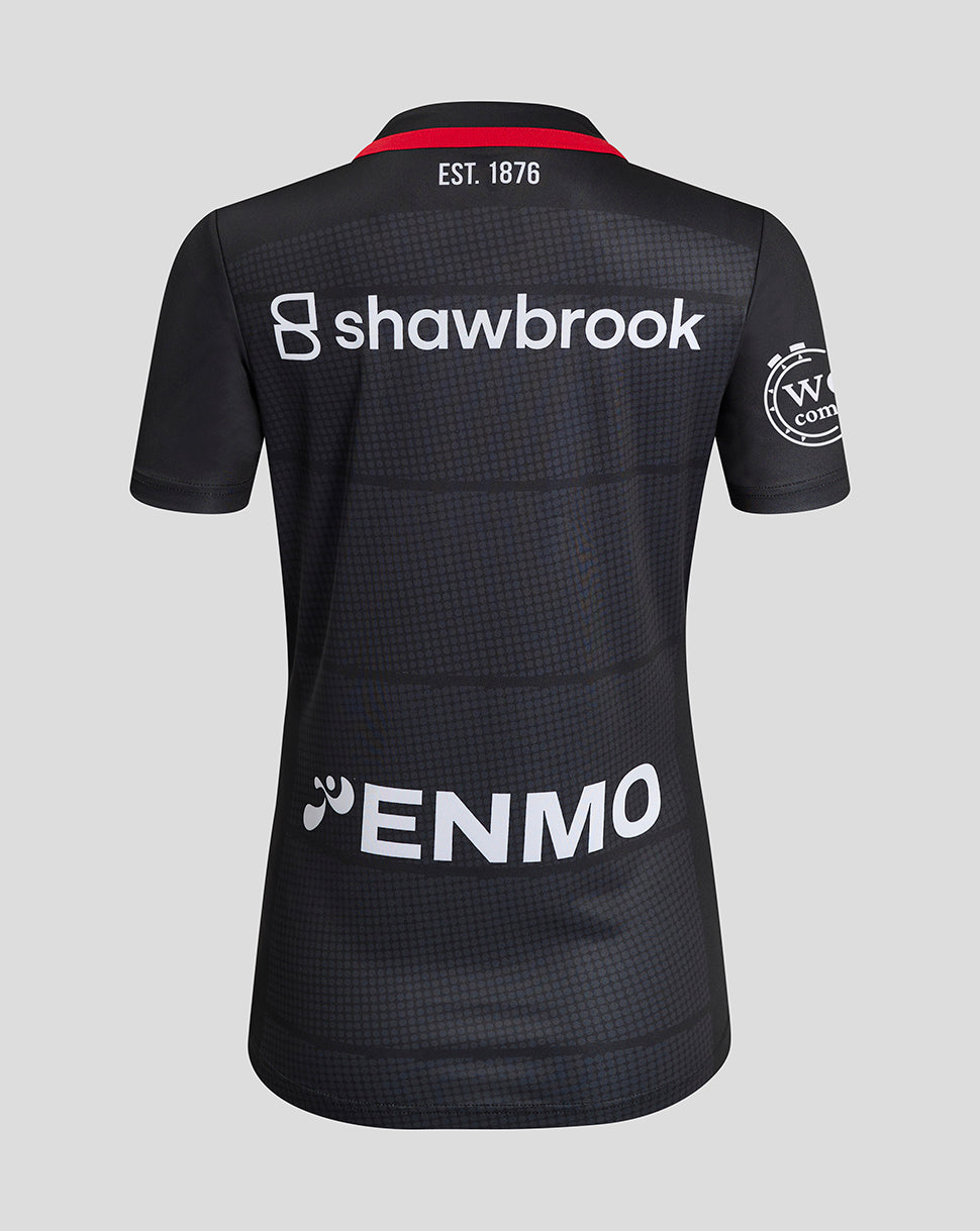 Back view of Saracens Women 24/25 Home Shirt with Shawbrook across the upper back and ENMO on the lower back