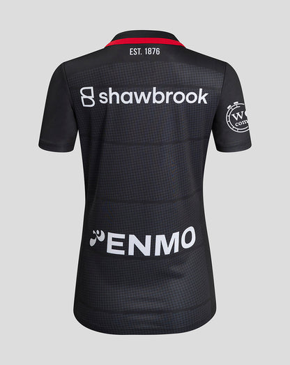 Back view of Saracens Women 24/25 Home Shirt with Shawbrook across the upper back and ENMO on the lower back