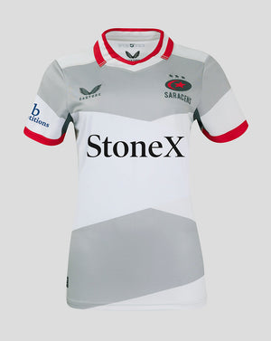 Front view of Saracens Women's Away Shirt 24/25 featuring grey panels red trimmed collar crest on chest and StoneX across the front