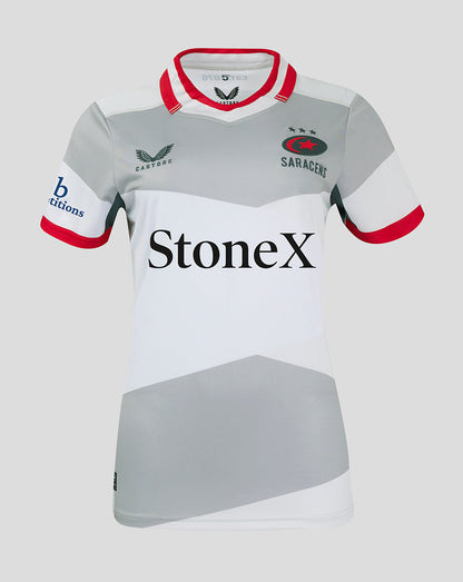 Front view of Saracens Women's Away Shirt 24/25 featuring grey panels red trimmed collar crest on chest and StoneX across the front