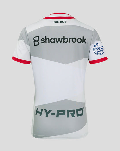 Back view of Saracens away jersey with grey chevron panels white body and shawbrook logo across upper back