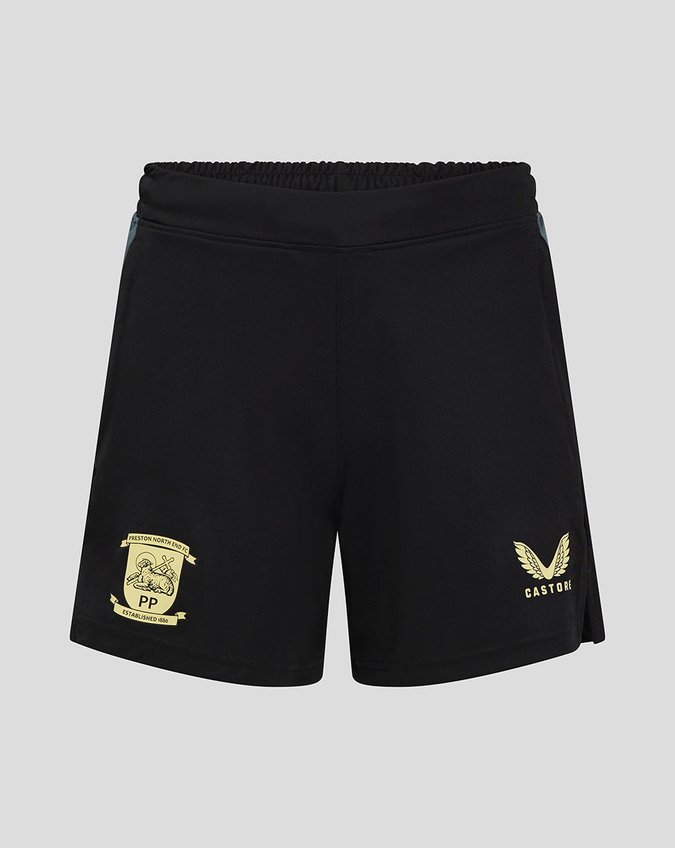Black Preston women's training shorts with gold crest on left leg Castore logo on right leg and pockets