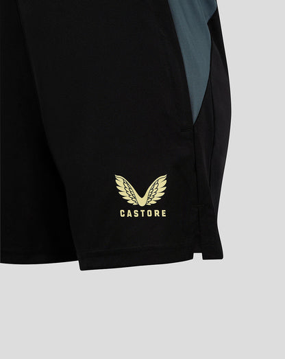 Preston women's black training shorts with a gold Castore wings logo at the hem.