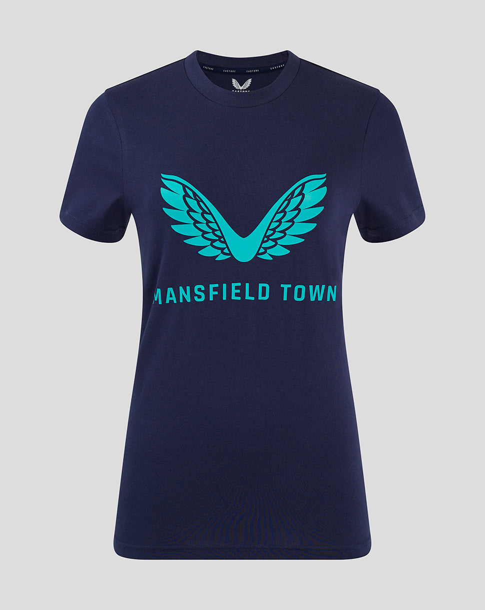 Navy women's Mansfield Town training tee with turquoise wing logo and Mansfield Town text across the chest.