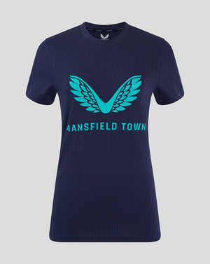 Navy women's Mansfield Town training tee with turquoise wing logo and Mansfield Town text across the chest.