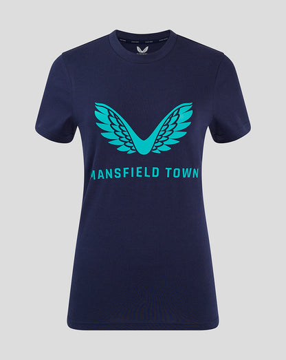 Navy women's Mansfield Town training tee with turquoise wing logo and Mansfield Town text across the chest.