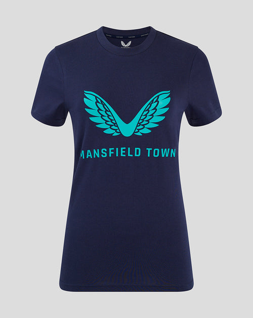 Navy women's Mansfield Town training tee with turquoise wing logo and Mansfield Town text across the chest.