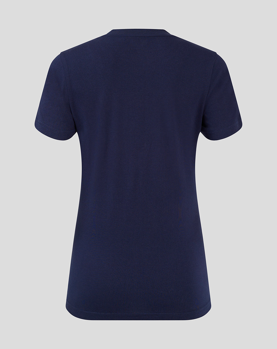 Back view of navy Mansfield Town training tee with solid fabric and short sleeves.