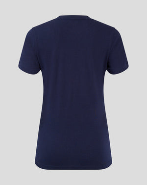 Back view of navy Mansfield Town training tee with solid fabric and short sleeves.