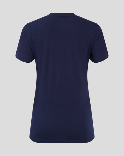 Back view of navy Mansfield Town training tee with solid fabric and short sleeves.