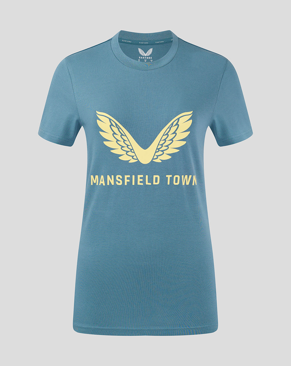 Light blue Mansfield Town women's training tee with pale yellow wing logo and text on the chest
