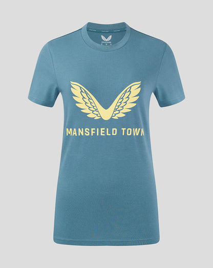Light blue Mansfield Town women's training tee with pale yellow wing logo and text on the chest