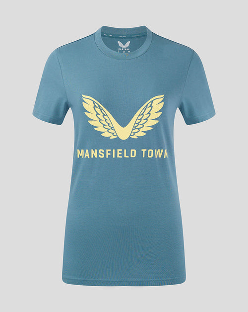 Light blue Mansfield Town women's training tee with pale yellow wing logo and text on the chest