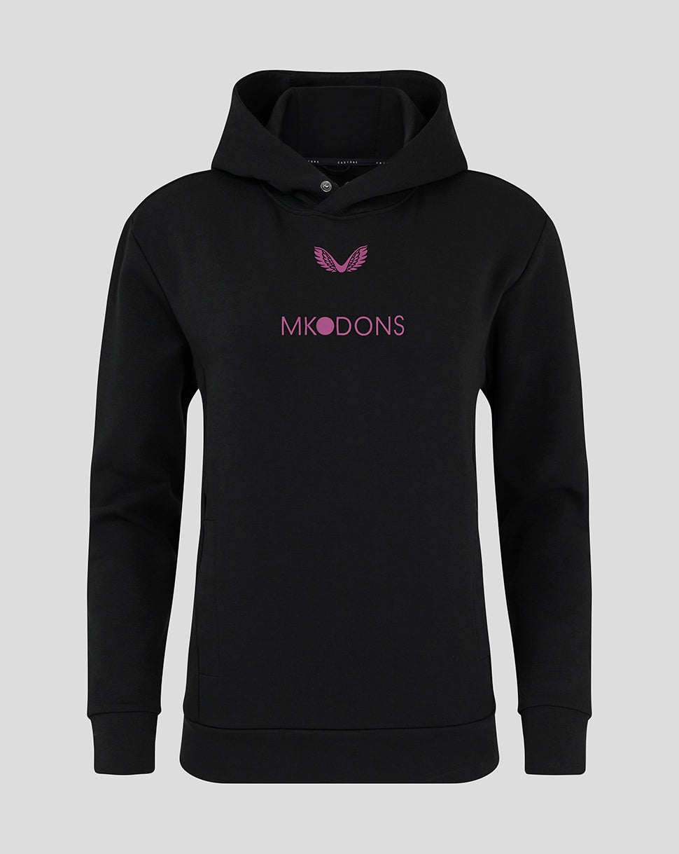 Front view of black Mk Dons women's travel logo hoody with pink crest and Mk Dons text on the chest.