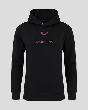 Front view of black Mk Dons women's travel logo hoody with pink crest and Mk Dons text on the chest.