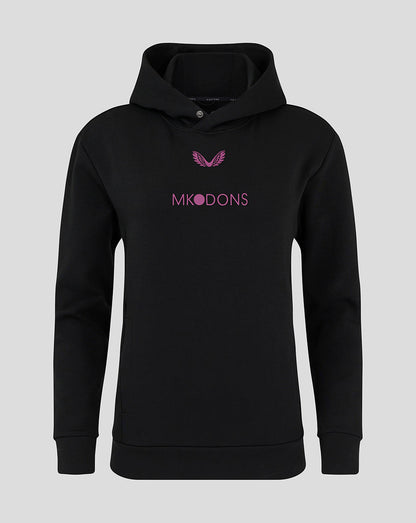 Front view of black Mk Dons women's travel logo hoody with pink crest and Mk Dons text on the chest.