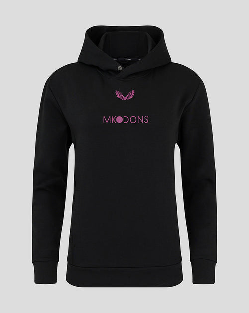 Front view of black Mk Dons women's travel logo hoody with pink crest and Mk Dons text on the chest.